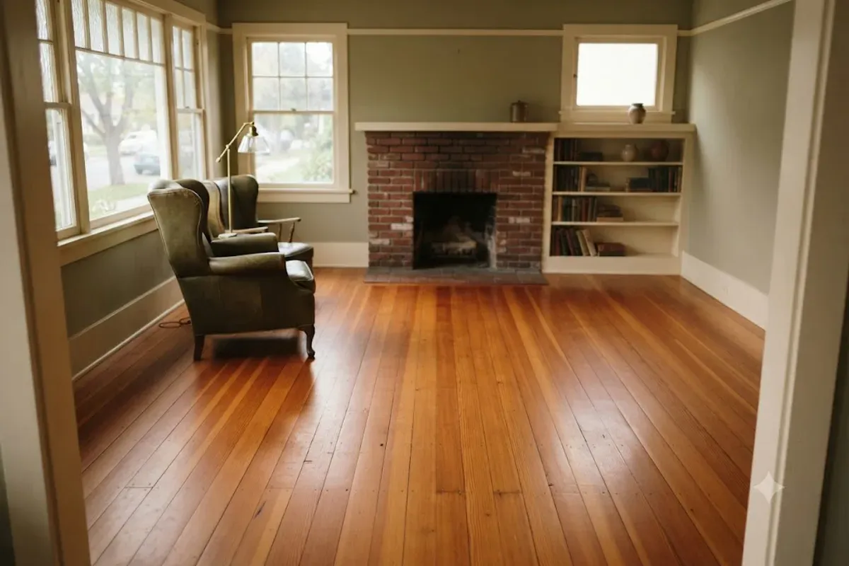 Restored fir floor in a 1920s Bakersfield, CA bungalow living room