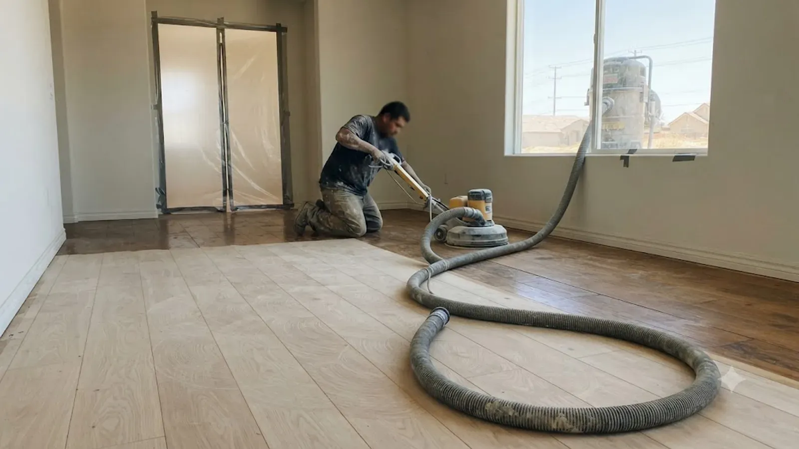 Dustless floor sanding equipment running in a Bakersfield, CA home