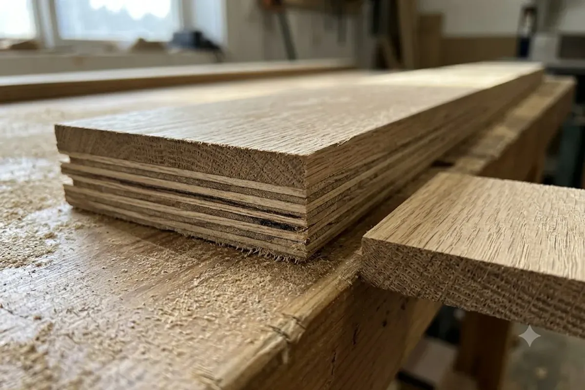 Cut end of an engineered hardwood plank showing the core layers, Bakersfield CA