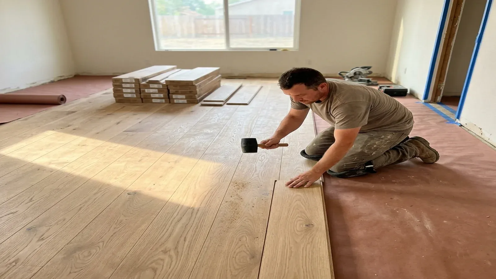 Hardwood floor installation contractor working in a Bakersfield, CA home