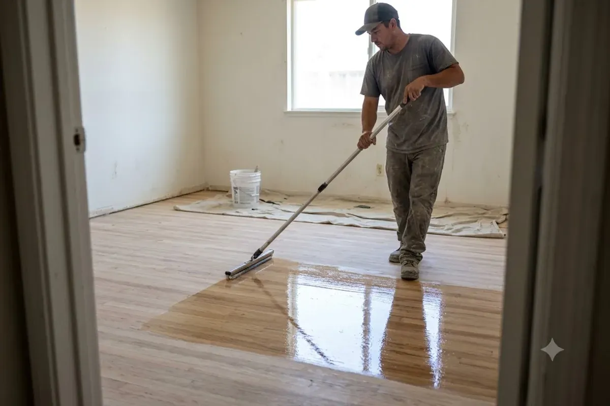 Finish coat being applied to a refinished hardwood floor in Bakersfield, CA