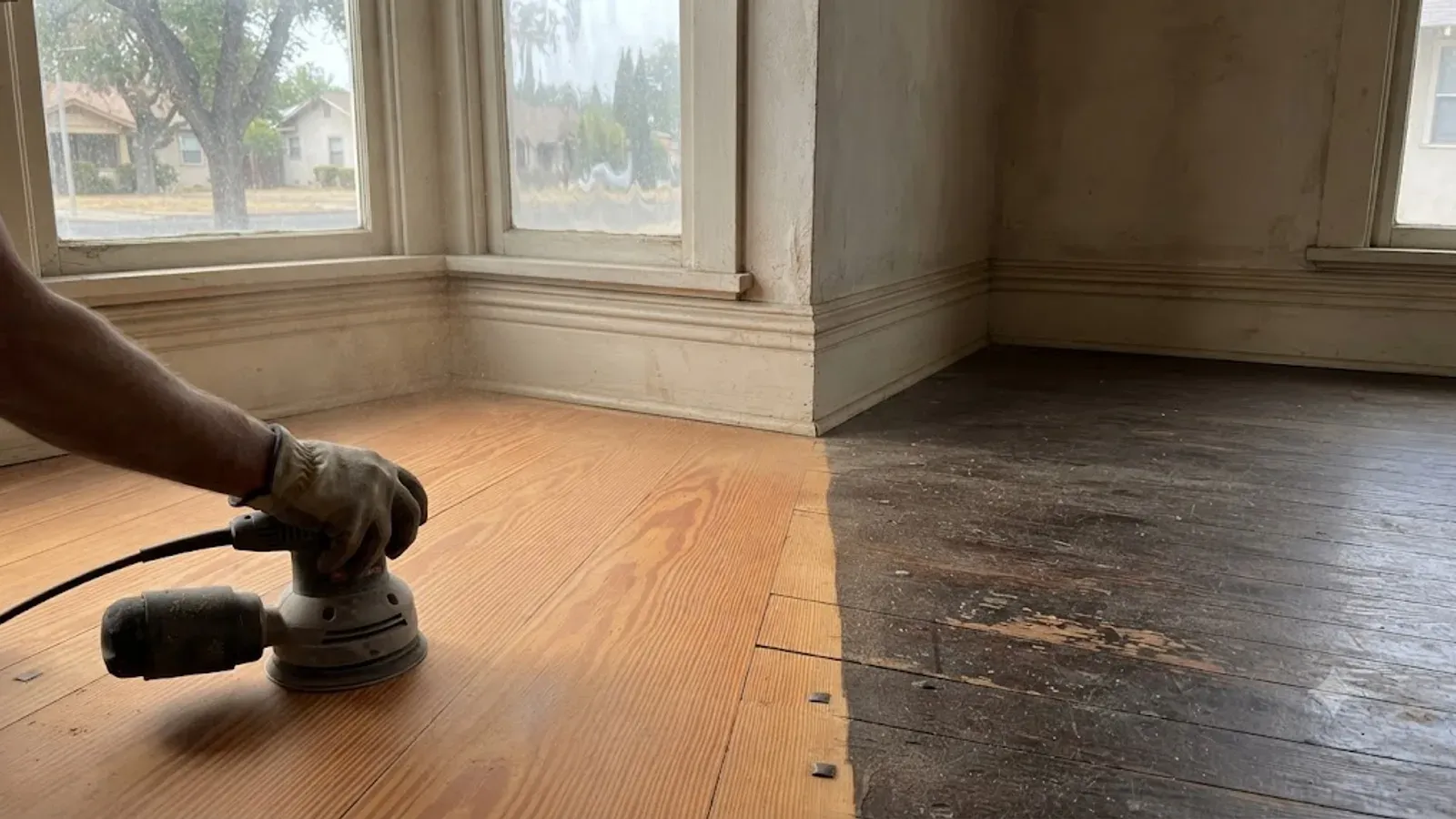 Historic Douglas fir floor being restored in a 1920s Bakersfield, CA bungalow