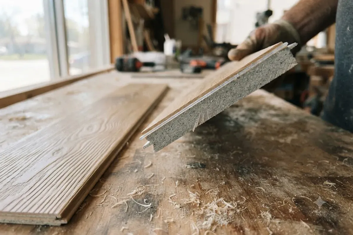 Close-up of a rigid-core vinyl plank edge and wear layer, Bakersfield CA