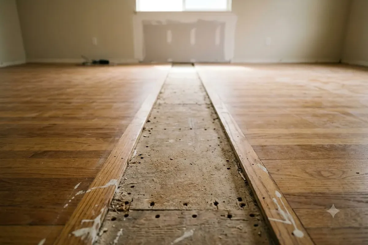 Bare strip in a hardwood floor where a wall was removed in a Bakersfield, CA home