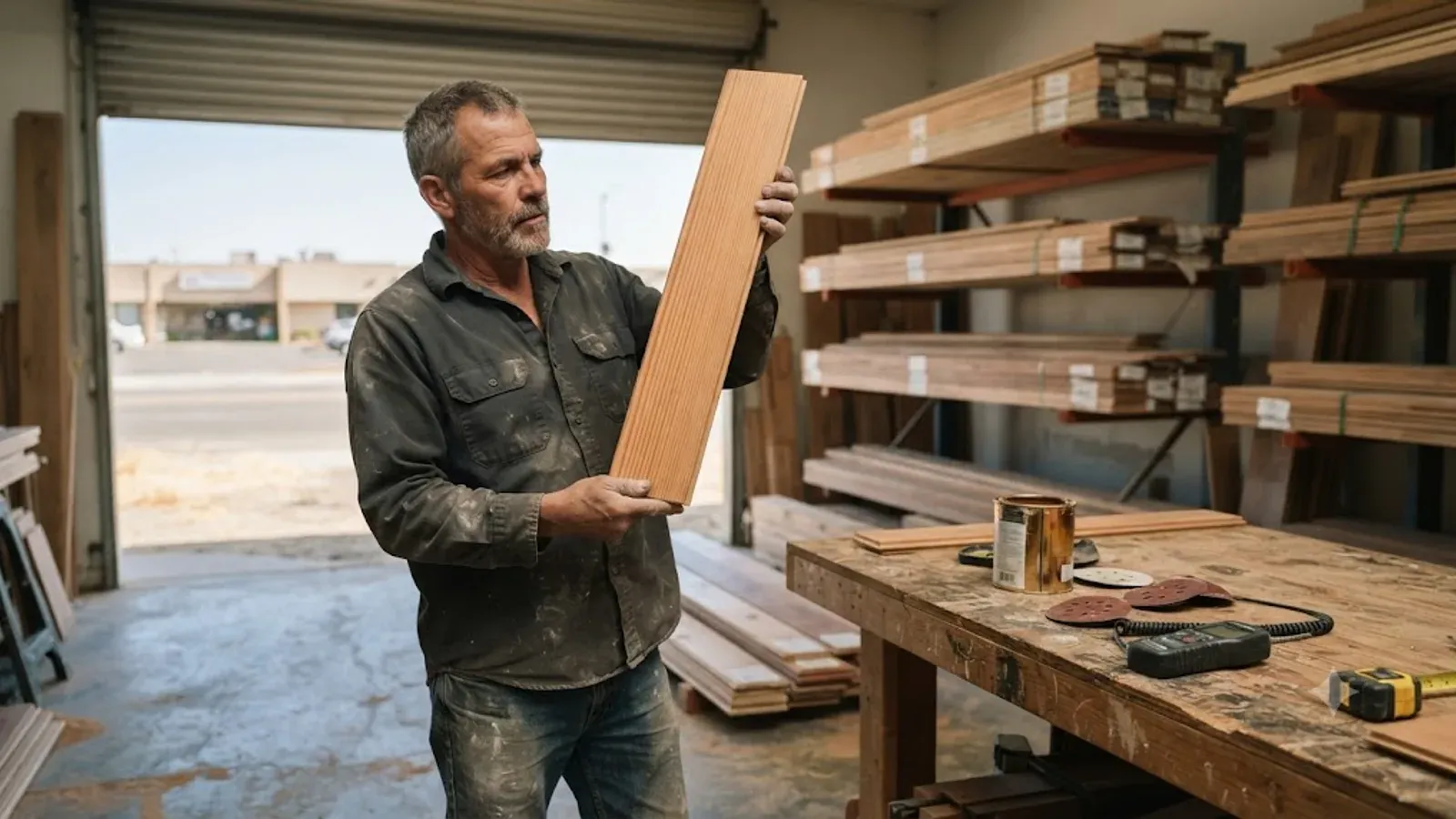 Owner of a Bakersfield wood flooring company in the shop