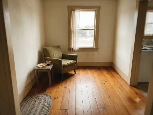 Restored fir plank floor in an Oildale, CA cottage living room